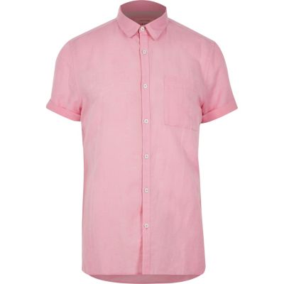 Pink linen-rich short sleeve shirt